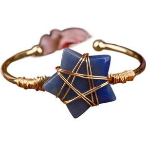 Vrouwen Edelsteen Kralen Goud Koper Polsband Bangle Wire Wrapped Sterren Kralen Manchet Armband Tienermeisjes Koppels Sieraden (Color : Silver_Blue Adventurine)