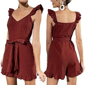 BANGHA Jumpsuits Voor Vrouwen Zomer Casual Vrouwen Ontwerp Sense Jumpsuit Shorts Trekkoord Hoge Taille Effen Kleur Rompertjes Shorts Met Kant Rand Voor Zomer Kleding, Rood, M