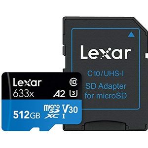 Lexar High-Performance 633x 512GB Micro SD Kaart, microSDXC UHS-I Geheugenkaart, Tot 100 MB/s Lezen, TF kaart voor Smartphone, Tablet en Actiecamera (LSDMI512BBEU633A)