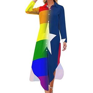 LGBT Pride Texas State Flag Maxi-jurk voor dames, lange mouwen, knoopjurk, casual party, lange jurken, 3XL