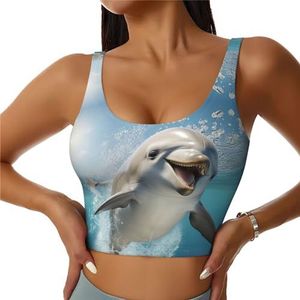 Grappige gewatteerde tanktops met dierendolfijnprint en ingebouwde beha, perfect voor yoga, training en hardlopen, Zwart, S