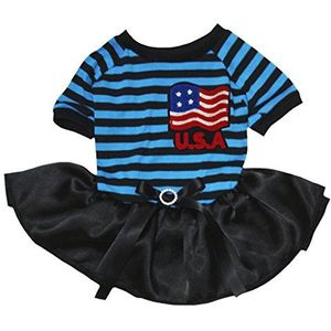 Petitebelle Puppy Kleding Jurk U.S.A Vlag Blauw Zwart Strepen Top Zwart Tutu (XS)