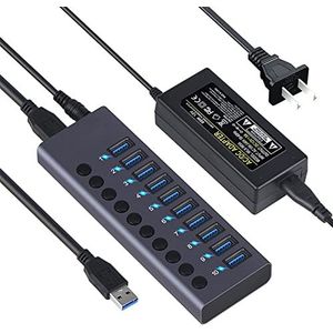 USB 3.0 hub, USB-hub met 10 poorten, USB-splitter, met enkele schakelaar, 5 Gbit/s-overdracht, voor laptop, pc, computer, mobiele harde schijf