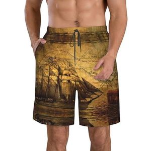 Biljart Print Heren Zwemplank Shorts Zwembroek Trunks Badmode Sneldrogende Surfen Strand Essentiële Zomer, Thema Zeilen Piraat, XXL