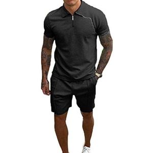 Mannen Casual korte mouwen slanke shorts pak heren tweedelig pak, revers effen kleur top + pocket shorts, Zwart, L
