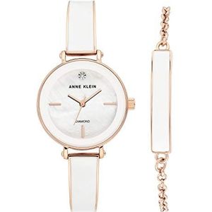 Anne Klein Vrouwen echte Diamond Dial Bangle horloge met armband Set, AK/3620, Weiß Perlmutt, Eén maat, Stijlvol