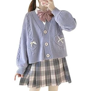 Damesvest Japanse stijl strik gebreide truien meisjes schattige trui lange mouwen trui V-hals kort vest tops, Paars, M