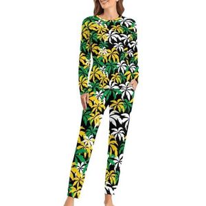 Palmbomen in Jamaica Kleuren Zachte Dames Pyjama Lange Mouw Warm Fit Pyjama Loungewear Sets met Zakken 6XL
