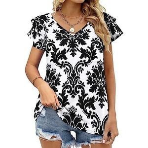 Zwart-wit Damast Dames Casual Tuniek Tops Ruches Korte Mouw T-shirts V-hals Blouse Tee