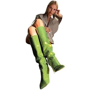 ARIASS Dameslaarzen, mode hete diamant stiletto knieschoenen met puntige neus geschikt for receptie catwalk retro laarzen, winterlaarzen (Color : Green, Size : 34 M EU)