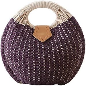 Boheemse Strandtas Stro Handtas Geweven Vrouwen Rotan Handgeweven Ronde Shell Top-Handvat Tas Zomer Vrouwelijke Casual Tote Clutch Strandtas Stro Handtas voor Dames (Color : Purple, Size : 26 * 26cm)