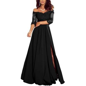 KURFACE Off-shoulder kanten applicatie chiffon moeder van de bruid jurken met mouwen split lange formele avondjurk, Zwart, 50 grote maten