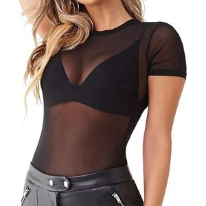 EMOTTOS Sexy kanten tops voor dames, gevlokt bedrukt, doorzichtig mesh, korte mouwen, ronde hals, jumpsuit voor vrouwen, sexy luipaard clubwear, Black-B1, S
