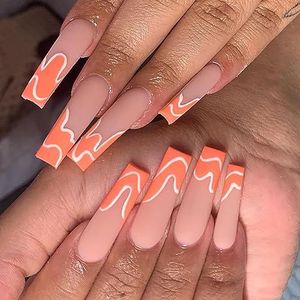 Coffin False Nails Long Fake Nails Wave Line Press on Nails Bellarina Acrylic Stick on Nails 24pcs for Women and Girls(Orange)