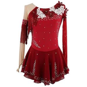 Nnnydjy Ijsschaats Kostuum Met Applicatie Meisjes Kunstschaatsjurk Met Lange Mouwen Ritmische Gymnastiekpak Balletpakjes Van Mesh Voor Dames,Rood,11_13Years