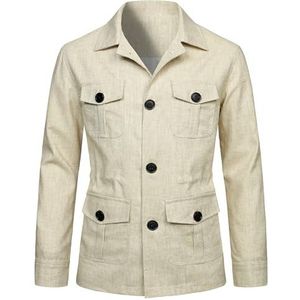 EsukAr Lichtgewicht safari-jas voor heren, casual linnen, knoopsluiting, meerdere zakken, cargojas, uitloper, Beige, 3XL