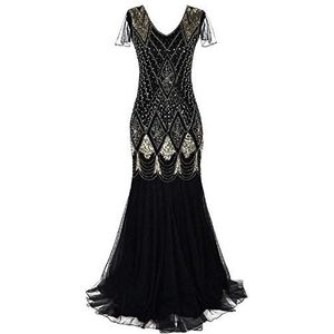 oneforus Dames Gatsby Maxi-jurk, jaren 20 Retro Pailletten Kwastje Art Deco Flapper Jurken Party Cocktail Avondjurk, Zwart Goud, S