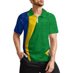 Voetbal met Braziliaanse nationale vlag heren golfpoloshirts klassieke pasvorm T-shirt met korte mouwen bedrukt casual sportkleding top L