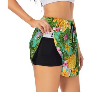Tropisch fruit ananas print vrouwen hoge taille atletische workout shorts tweelaagse gym shorts casual comfortabele sport shorts, Zwart, M