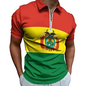 Bolivia Vlag Poloshirt voor heren, met ritssluiting, casual korte mouwen, golftop, klassieke pasvorm, tennisshirt