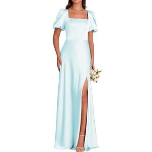 Satijnen galajurken met pofmouwen en split effen vloerlengte A-lijn korset formele avondjurk, Lichtblauw, 32