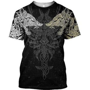 Heren 3D-print Fenrir Wolf T-shirt - Noordse Mythologie Odin Wolf Tattoo Zomer Punk Street Los Korte Mouw - Pagan Beach Sneldrogend Viking Korte Mouwen (Color : Black, Size : 5XL)