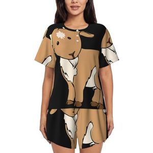 Bruine geitenprint dames zomer zachte tweedelige bijpassende outfits korte mouw pyjama lounge pyjama sets, Zwart, XXL