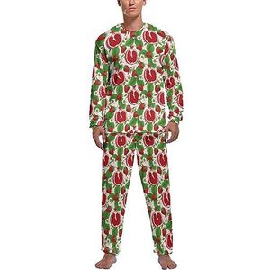 Aardbeien Guave Bloemen Zachte Heren Pyjama Set Comfortabele Lange Mouw Loungewear Top En Broek Geschenken L