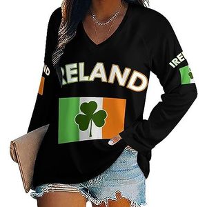 Ierland Ierse vlag groene St. Patrick's Day dames casual T-shirts met lange mouwen V-hals gedrukte grafische blouses Tee Tops 2XL