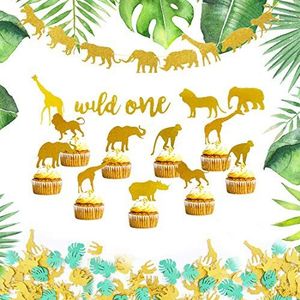 Jungle Verjaardag Decoraties Safari Dier Feestbenodigdheden met Tafel Confetti Goud Dier Wild Een Bunting Banner Cupcake Toppers