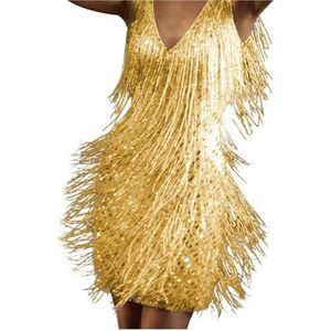 Jurk met pailletten en franjes, sexy damesjurk met franjes en pailletten, veernaden, nauwsluitende zomerjurk met V-hals en vrije schouders, mini-badjas zonder rug, Gouden, S