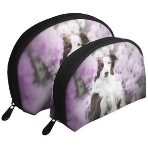 Make-uptas, cosmetische reistas, 2 stuks draagbare clutch pouch-set zakje organizer bruine rand collie lente honden met bloemen, zoals afgebeeld, Eén maat