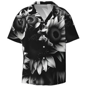 EdWal Zwart-wit Zonnebloemen Print Heren Korte Mouw Button Down Shirts Casual Losse Fit Zomer Strand Shirts Heren Jurk Shirts, Zwart, M