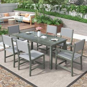 Aunlva 7-delige outdoor eettafelset voor 6 personen, tuinmeubelset van HDPE-rotan met tafelblad van acaciahout, stoelframe van acaciahout voor achtertuin, tuin, groen