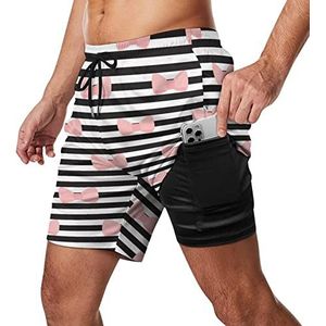 Zwembroek voor heren, sneldrogend, 2-in-1 strandsportshorts met compressieliner en zak van strikken, zwart/wit gestreept