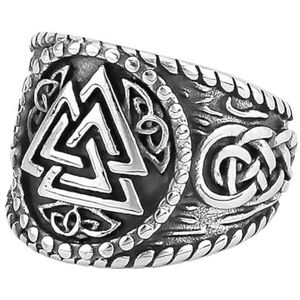 Viking Celtic Knot Valknut Ring Voor Mannen - Noordse Odin Driehoek Symbool Roestvrijstalen Piraatring - Handgemaakte Mode Hiphop Charme Straat Heidense Amulet Sieraden (Color : Silver, Size : 10)