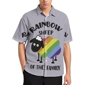 Regenboog schapen van de familie LGBT Pride Zomer Heren Shirts Casual Korte Mouw Button Down Blouse Strand Top met Pocket 2XL