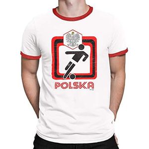 Heren Polen 2021 Voetbal T-Shirt Klassiek Retro Vierkant Ontwerp Pools Euro Team, Wit/Rood Trim, M