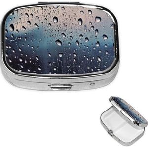 Regendruppels op glazen pillendoos 2 compartimenten, kleine pillendoos voor portemonnee en zak, metalen pillenetui met spiegel, dagelijkse pillenorganizer voor reizen, draagbare