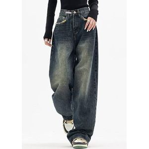 LNSIN Y2K Vrouwen Vintage Streetwear Koreaanse Baggy Blauw Jeans Hoge Taille Rechte Wijde Pijpen Broek Denim Broek