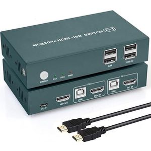 KVM-switch 4-poorts KVM-switches 4K30Hz, HDCP1.2, 4 pc's 1 monitor, sneltoetsbediening, 4 pc's om toetsenbord en muis te delen,Schakelde soepel(2 Ports KVM Switch)