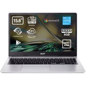 Acer Chromebook 315-4H laptop, 39,6 cm (15,6 inch) Full HD LED, laptop (Intel Celeron N4500, 8 GB RAM, 64 GB eMMc, Intel UHD Graphics, Chrome OS), laptop, zilverkleurig