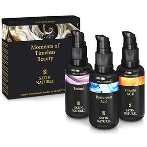 Satin Naturel Biologische Anti Aging Huidverzorging – Set van 3 x 30 ml Gezichtsserums met Vitamine A C E + Retinol + Hyaluronzuur – Vegan Serum op basis van Aloë Vera - Premium Kwaliteit Skincare