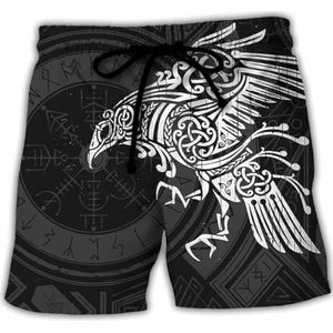 Viking Celtic Crow Shorts Voor Heren, Nordic Rune Tattoo Print Zomer Ademende Mesh Trekkoord Shorts, Modieuze Harajuku Sneldrogende Losse Shorts (Color : Crow A, Size : M)