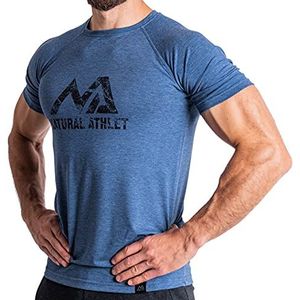 Natural Athlet Slim-Fit Fitness T-shirt voor heren, strak en lang sneldrogend sportshirt met korte mouwen, voor sport, gym, sportschool, workout, bodybuilding en krachttraining, blauw, L