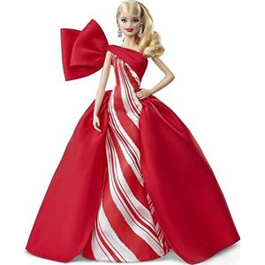 Barbie Signature FXF01 Holiday pop (blond), ca. 30 cm, in rood-witte baljurk, met poppenstandaard en certificaat van echtheid