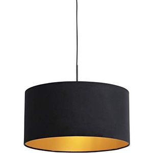 QAZQA - Klassiek | Antiek Hanglamp | Eettafel | Eetkamer met velours kap zwart met goud 50 cm - Combi | Woonkamer | Slaapkamer | Keuken - Stof Cilinder |Langwerpig |Rond - E27 Geschikt voor LED - Max. 1 x 60 Watt