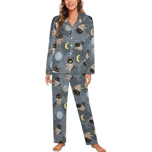Leuke Katten Astronauten Lange Mouw Pyjama Sets Voor Vrouwen Klassieke Nachtkleding Nachtkleding Zachte Pjs Lounge Sets