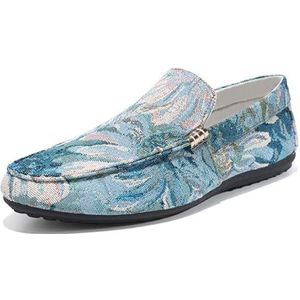 Loafers for heren, ronde neus, PU-leer, gebloemde loafers, platte hak, antislip, lichtgewicht instapper for buiten(Blue,44 EU)