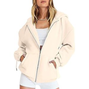 Y2K-hoodies met rits for dames, sweatshirts, casual lange mouwen, tienermeisjes, casual herfstjacks met trekkoord en zakken (Color : Beige, Size : M)